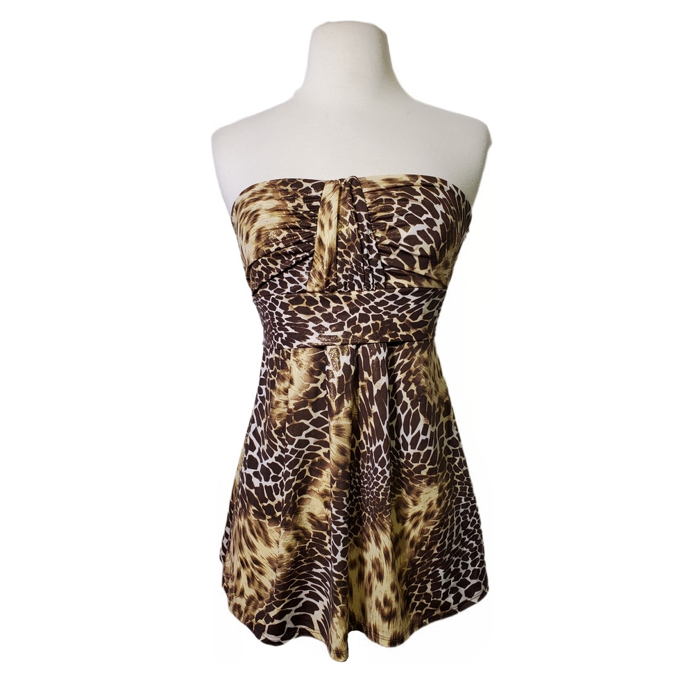 Vintage Y2K Charlotte Russe Strapless Gold Shimmer Leopard Babydoll Top L